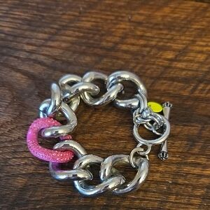 Juicy Couture Silver Tone Wide 25mm Large Pink Rhinestone Link Bracelet